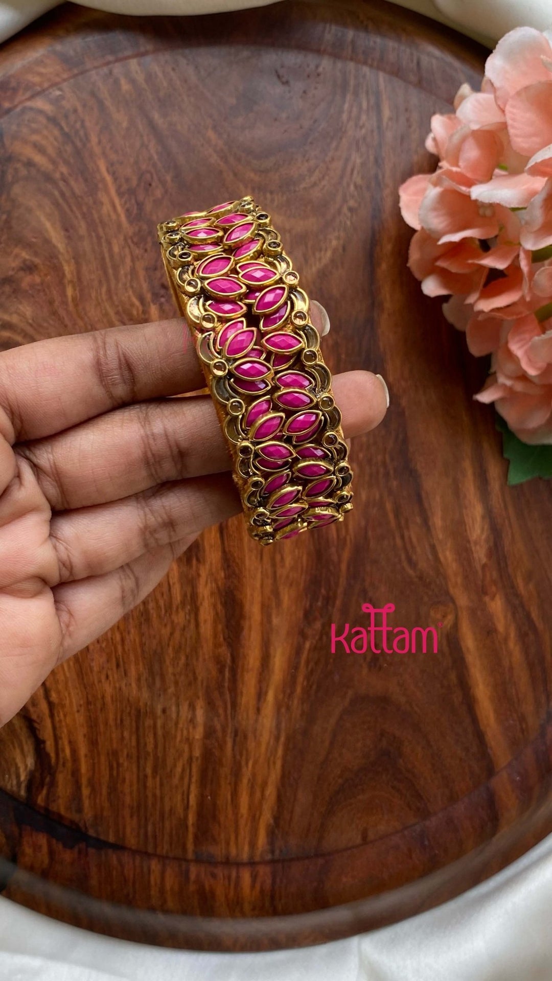 3D Kundan Pink Lotus Bangle - KB102 - V4