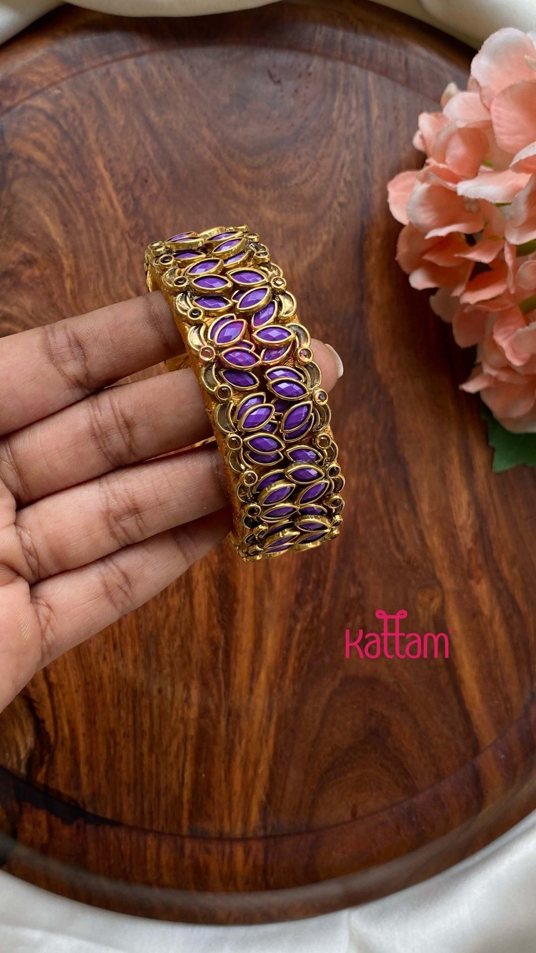 3D Kundan Purple Lotus Bangle - KB103 - V4