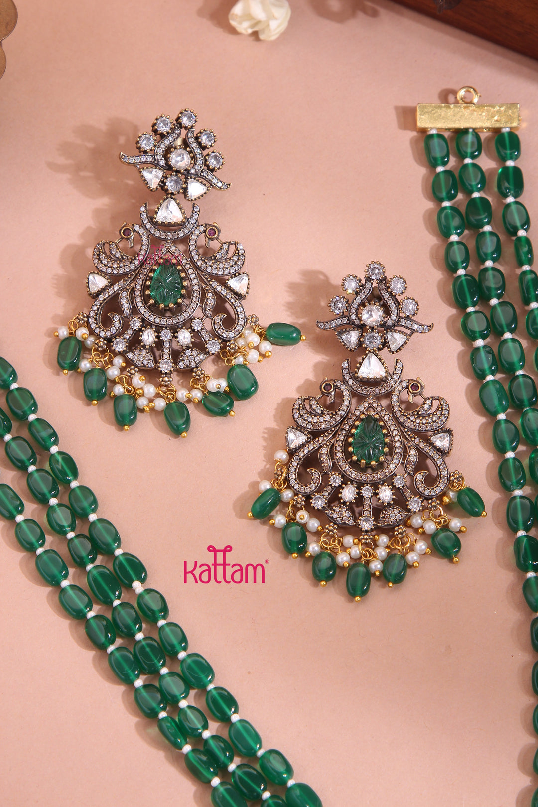 Apsara - Victorian Peacock Emerald Bead Mala