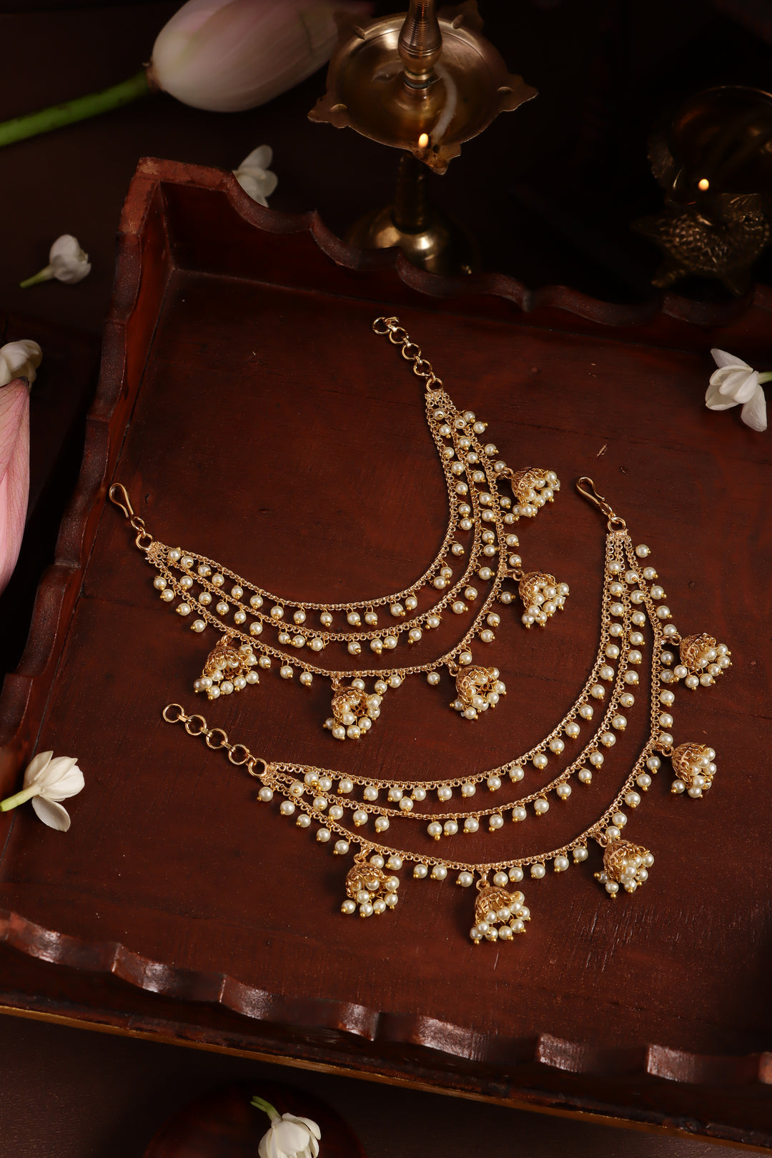 Triple Line Pearl Jhumka Earchain