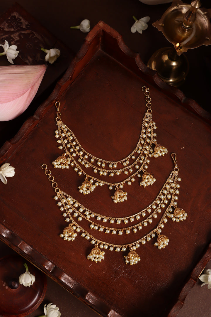 Triple Line Pearl Jhumka Earchain