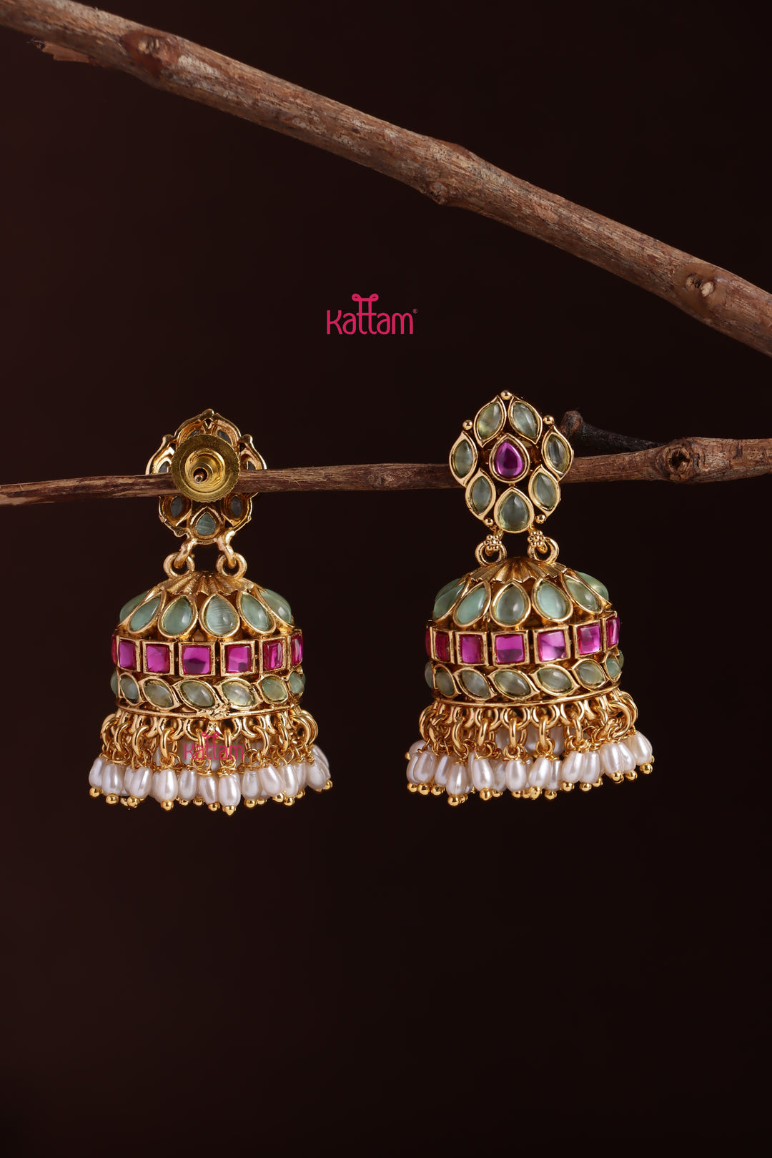 Indira - Pastelgreen & Pink Ricepearl Jhumka