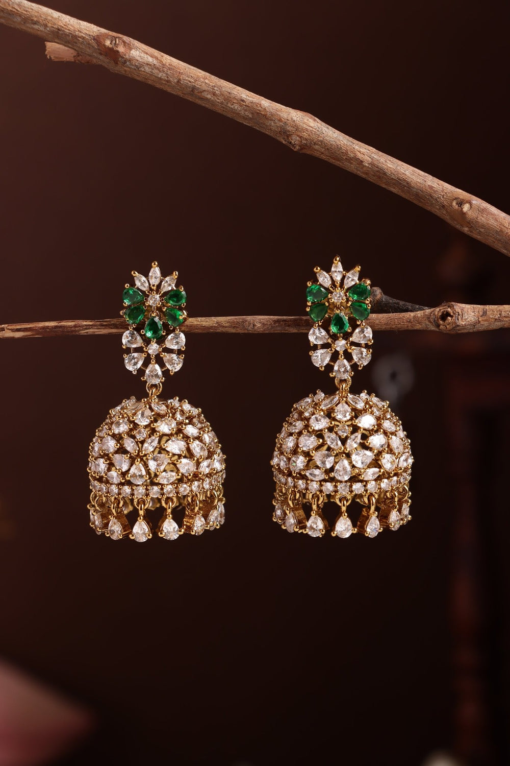 AD White Green Stone Pearl Jhumka - E1287