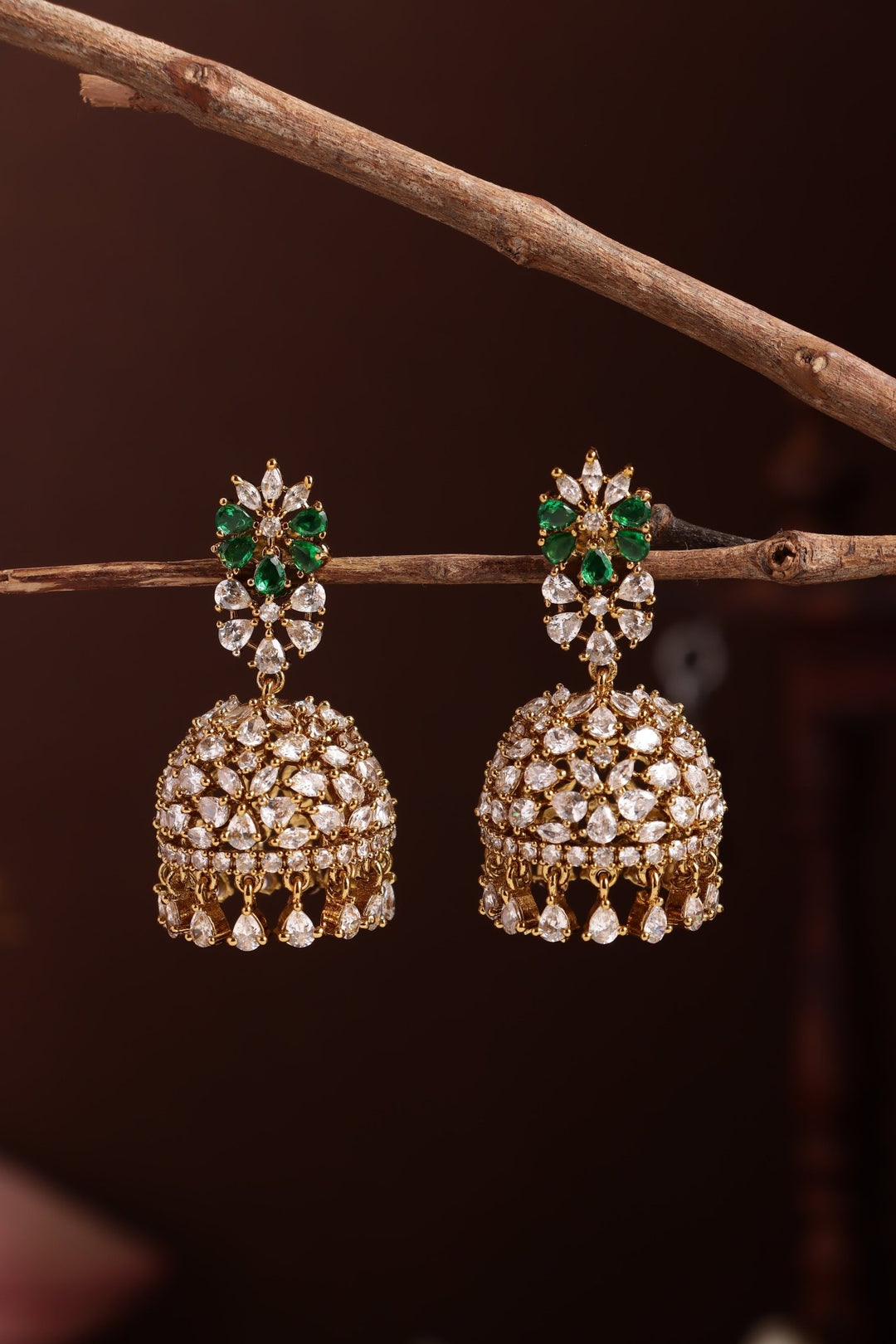 AD White Green Stone Pearl Jhumka - E1287