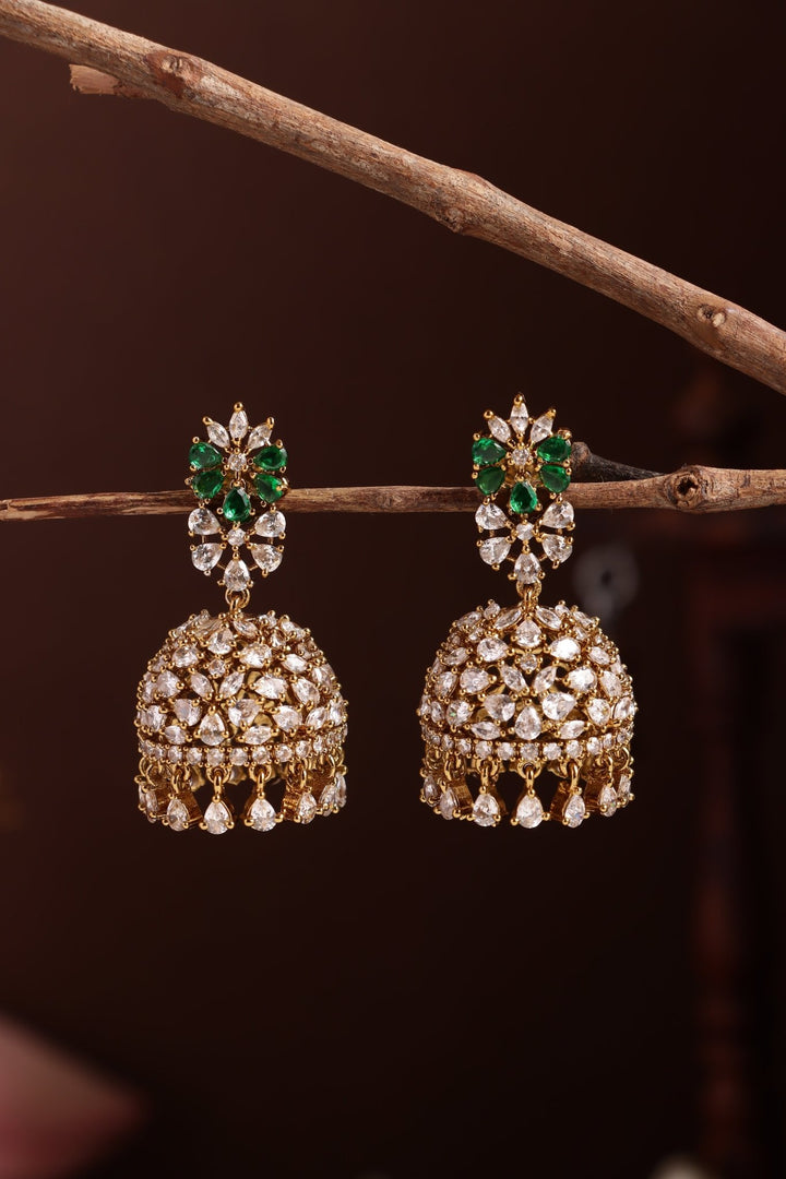 AD White Green Stone Pearl Jhumka - E1287
