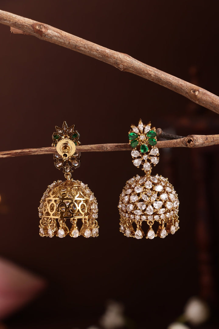 AD White Green Stone Pearl Jhumka - E1287