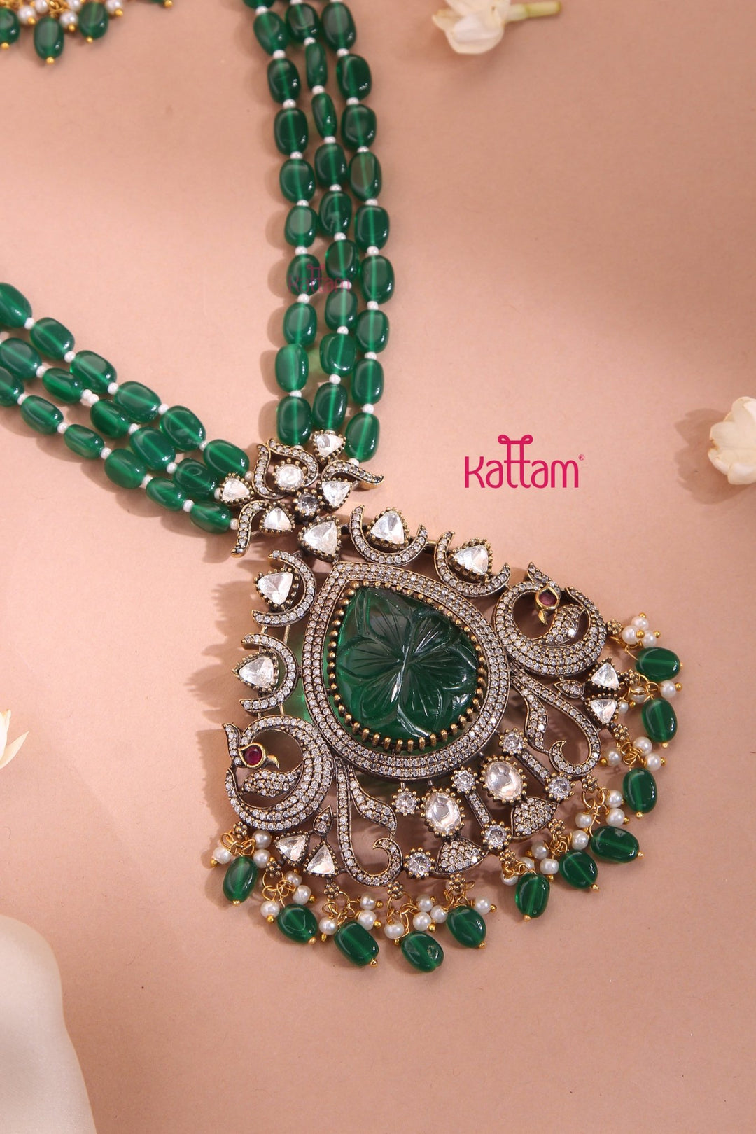 Apsara - Victorian Peacock Emerald Bead Mala - N6153