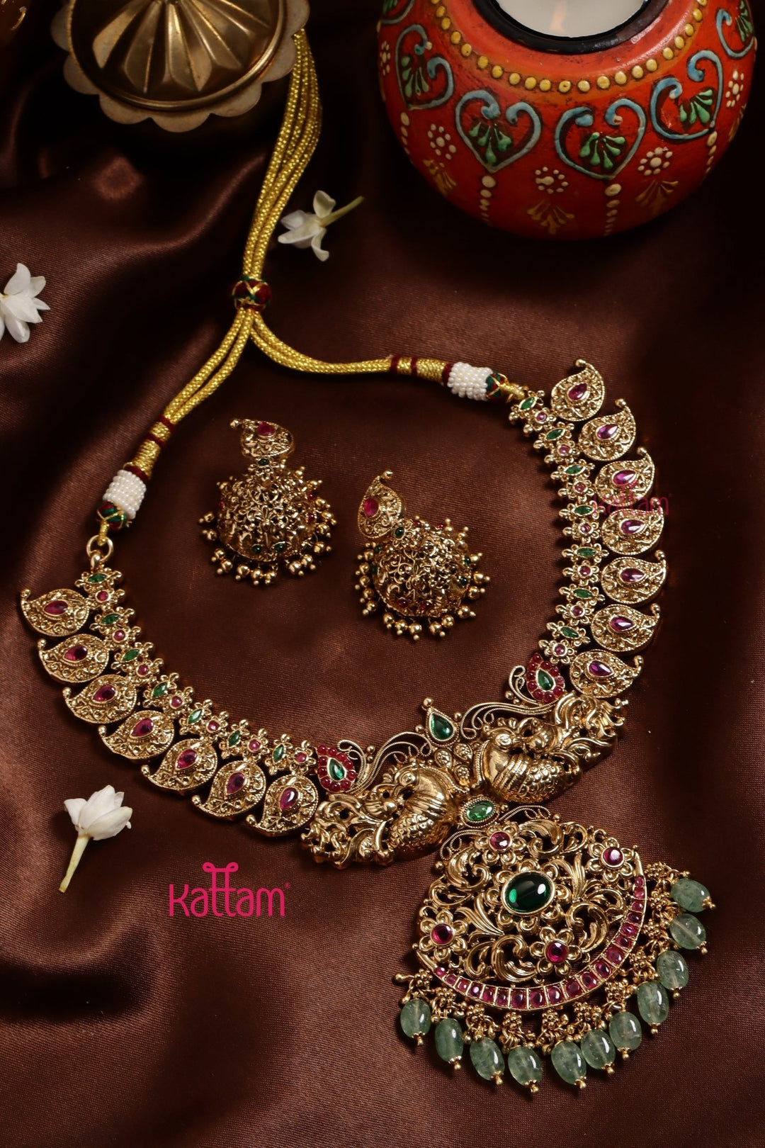 Bridal Manga Peacock Green Bead Necklace - N3250