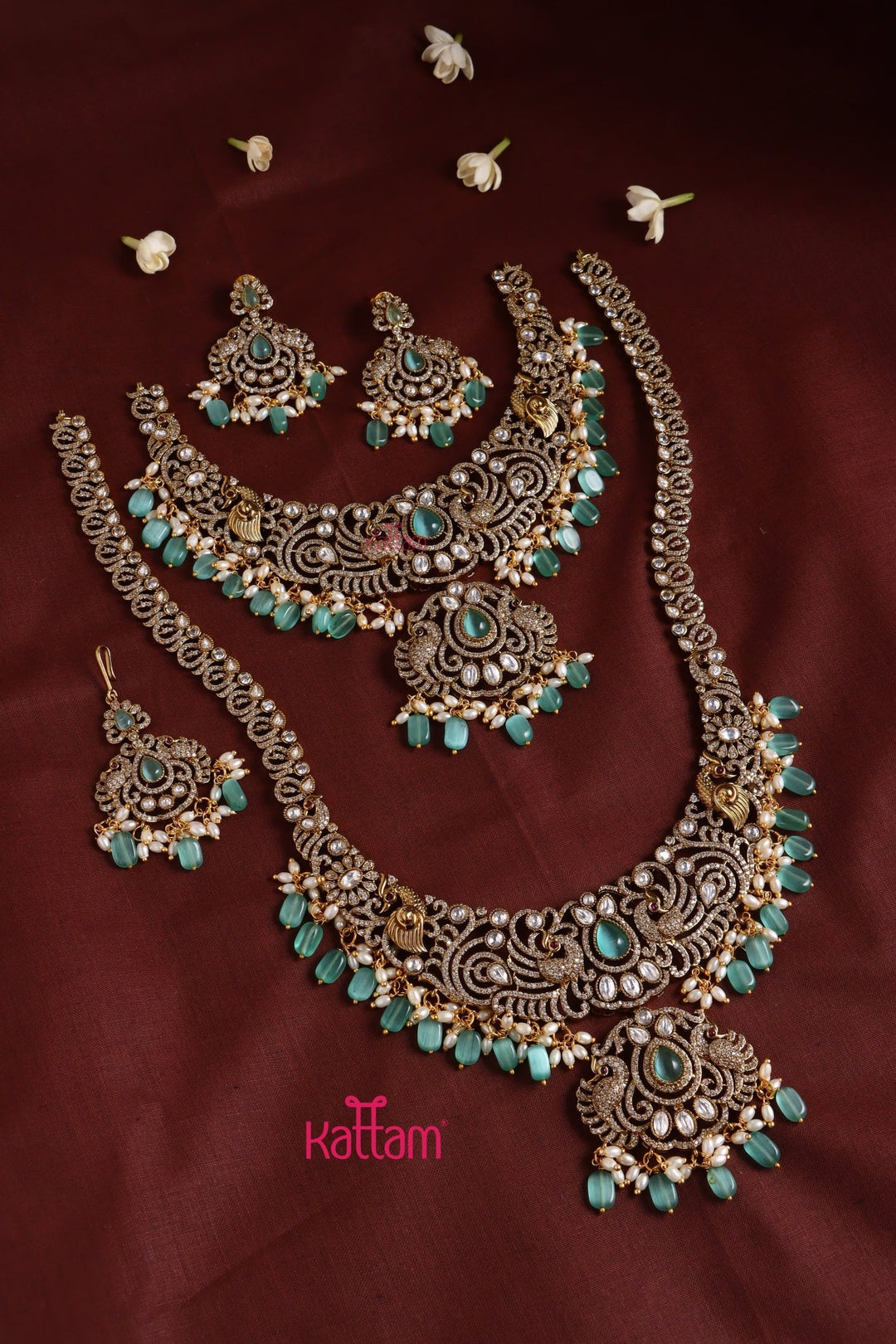 Chinthiya - Peacock Pastelgreen Bridal Necklace & Haram Set - N3484