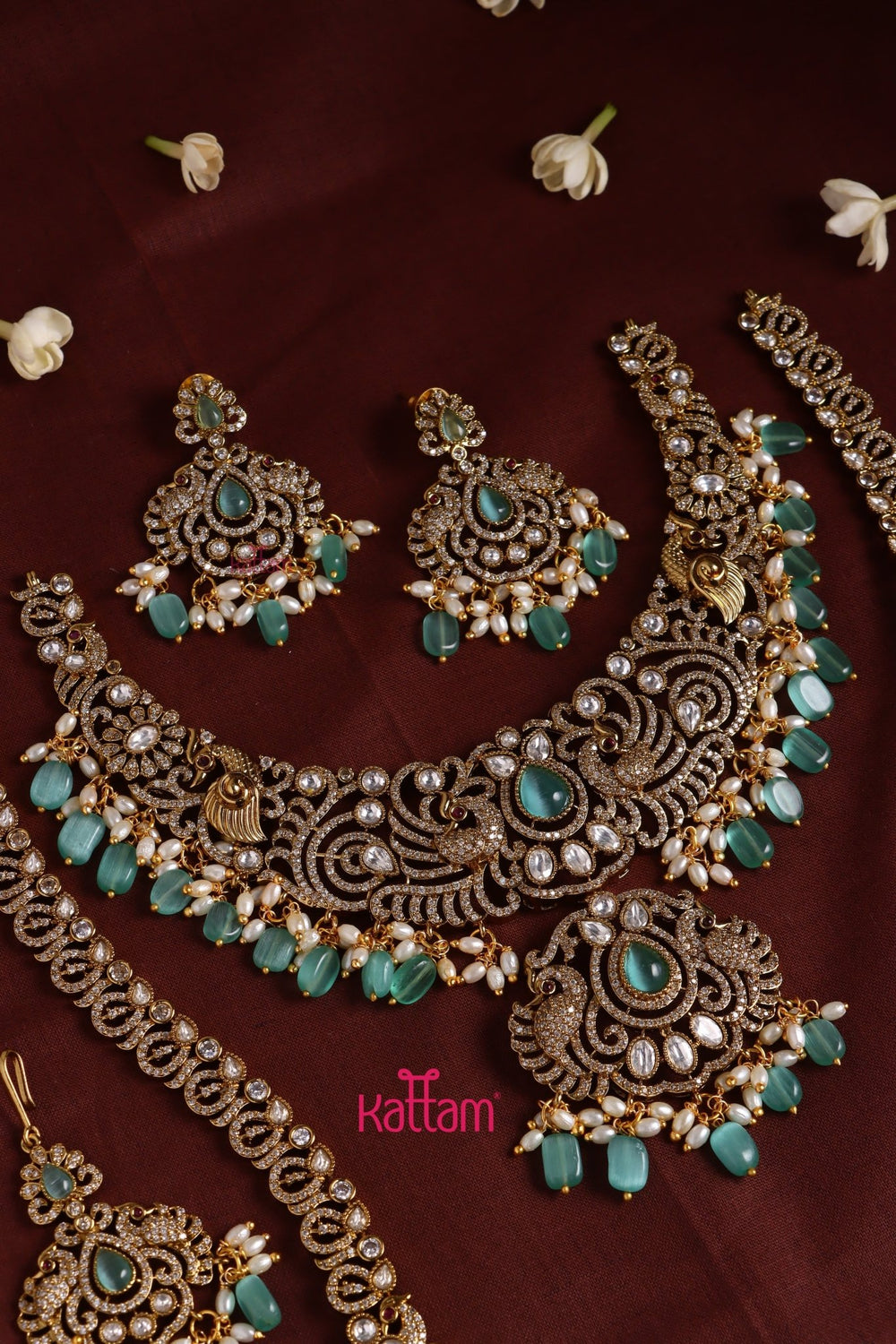 Chinthiya - Peacock Pastelgreen Bridal Necklace & Haram Set - N3484