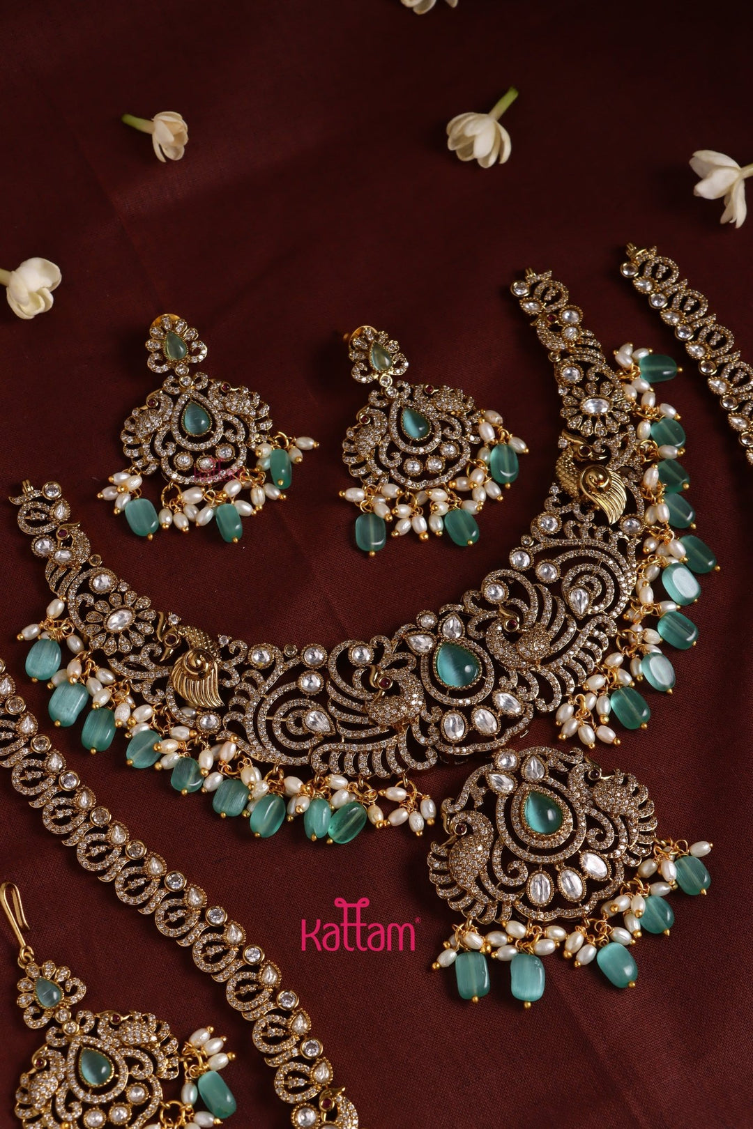 Chinthiya - Peacock Pastelgreen Bridal Necklace & Haram Set - N3484