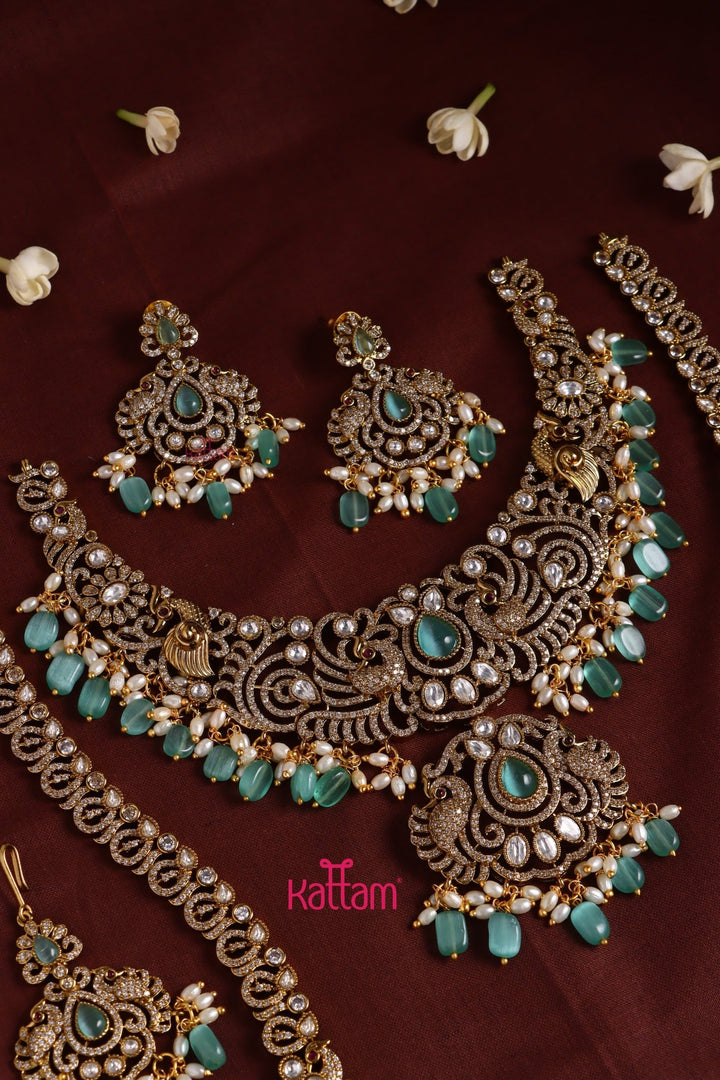 Chinthiya - Peacock Pastelgreen Bridal Necklace & Haram Set - N3484