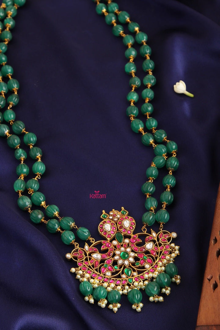 Dark Green Jade Semi Precious Beads Kundan Dollar Haram(No Earrings) - N1074