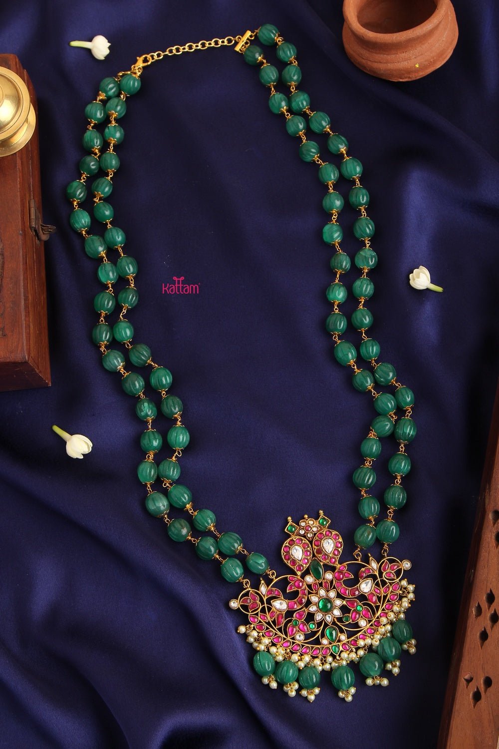 Dark Green Jade Semi Precious Beads Kundan Dollar Haram(No Earrings) - N1074A