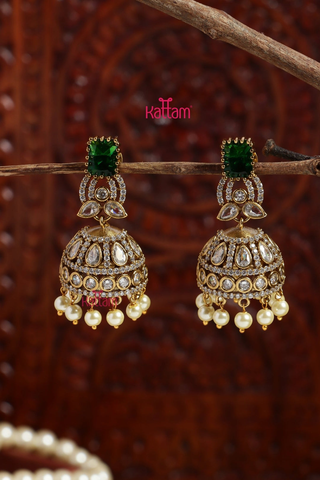 Faritha - AD Green Stone Jhumka - E1198