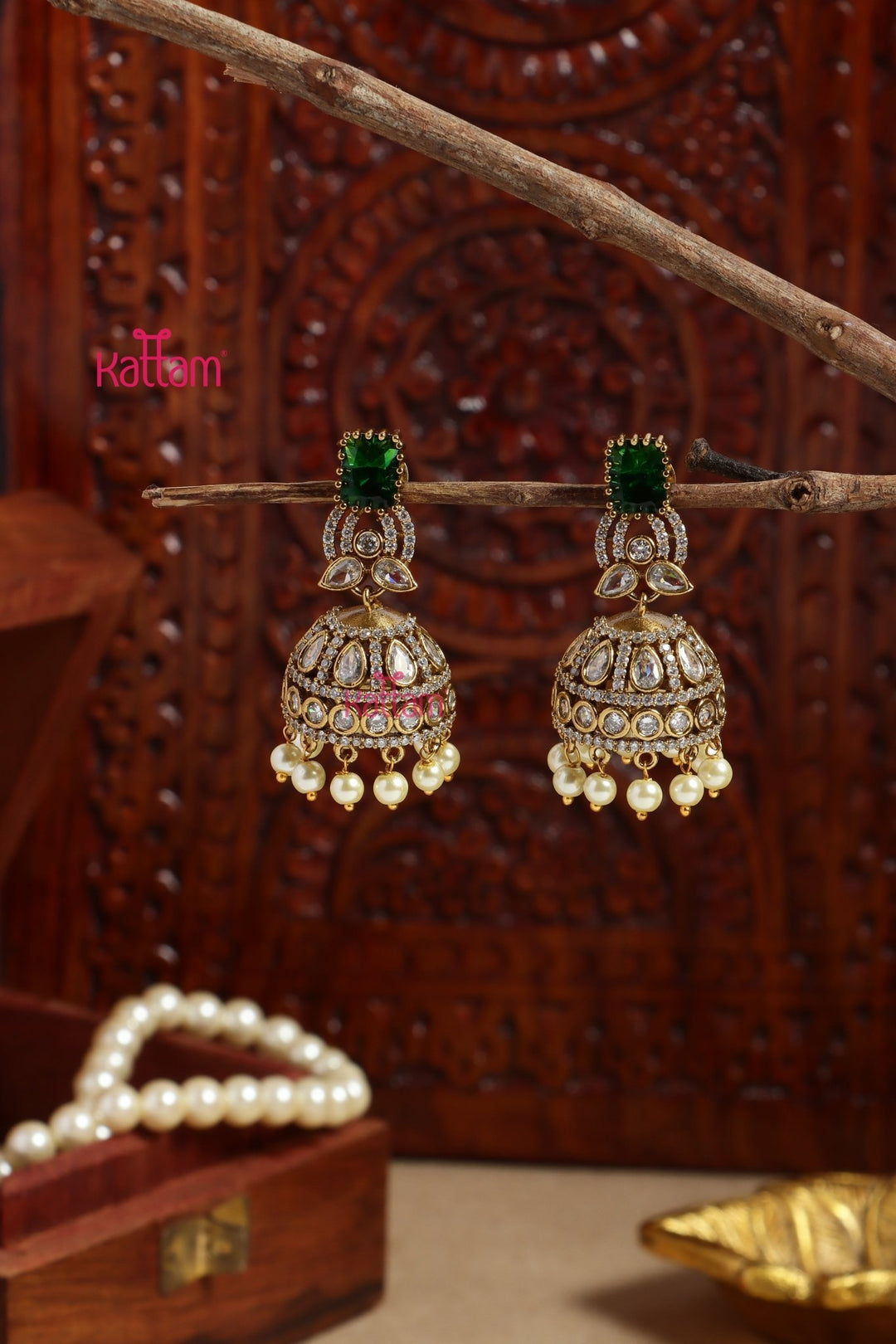 Faritha - AD Green Stone Jhumka - E1198
