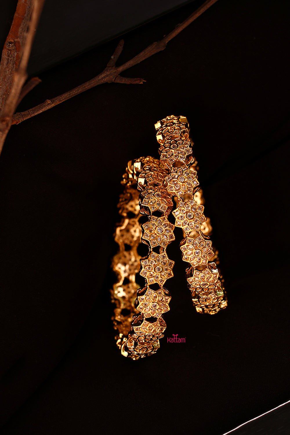 Flower Design Gold White Stone Bangle - B007