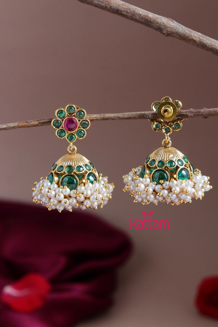 Green Flower Pearl Bunch Jhmka - E822