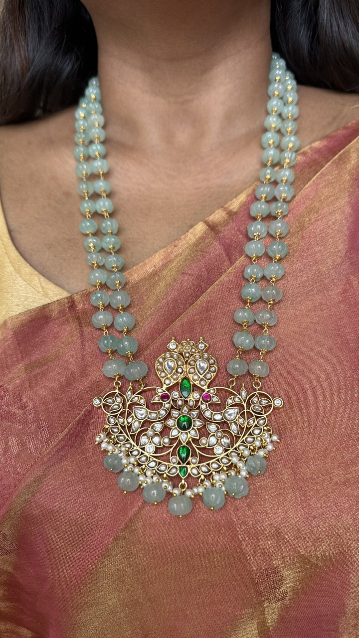 Green Jade Semi Precious Beads Kundan Dollar Haram (No Earrings) - N2985