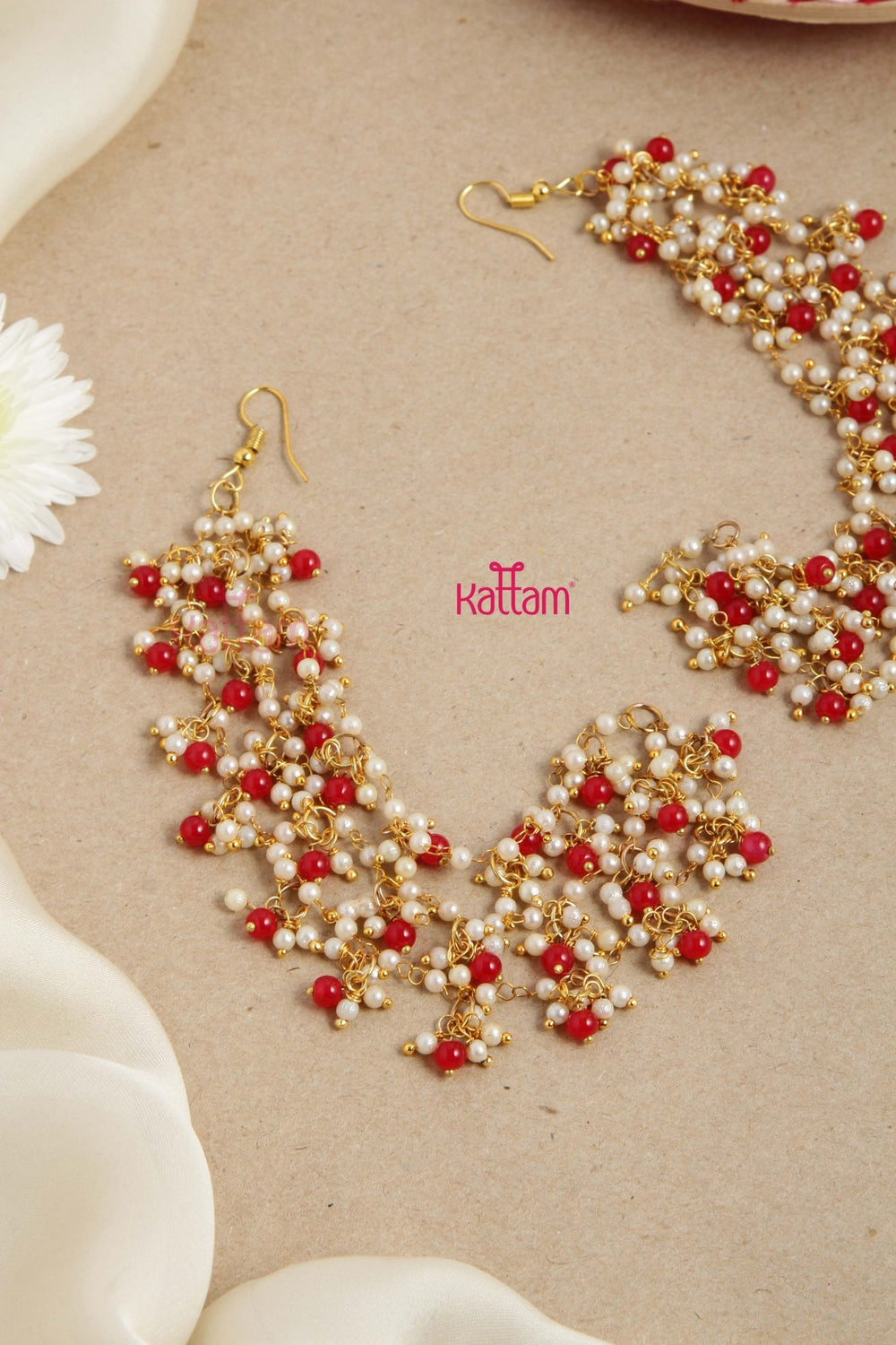 Handcrafted Pearl Red Ball Bead Earchain - EC036