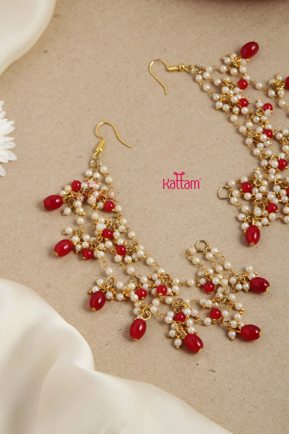 Handcrafted Pearl Red Drop Earchain - EC034