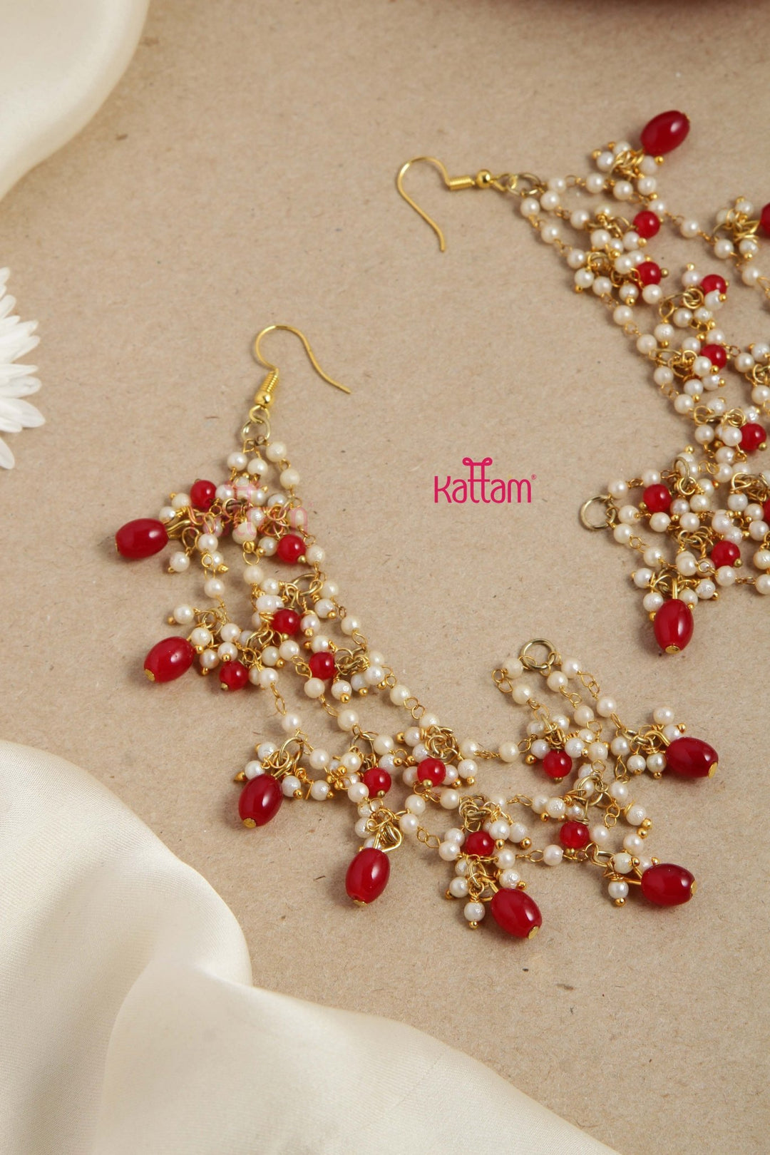 Handcrafted Pearl Red Drop Earchain - EC034