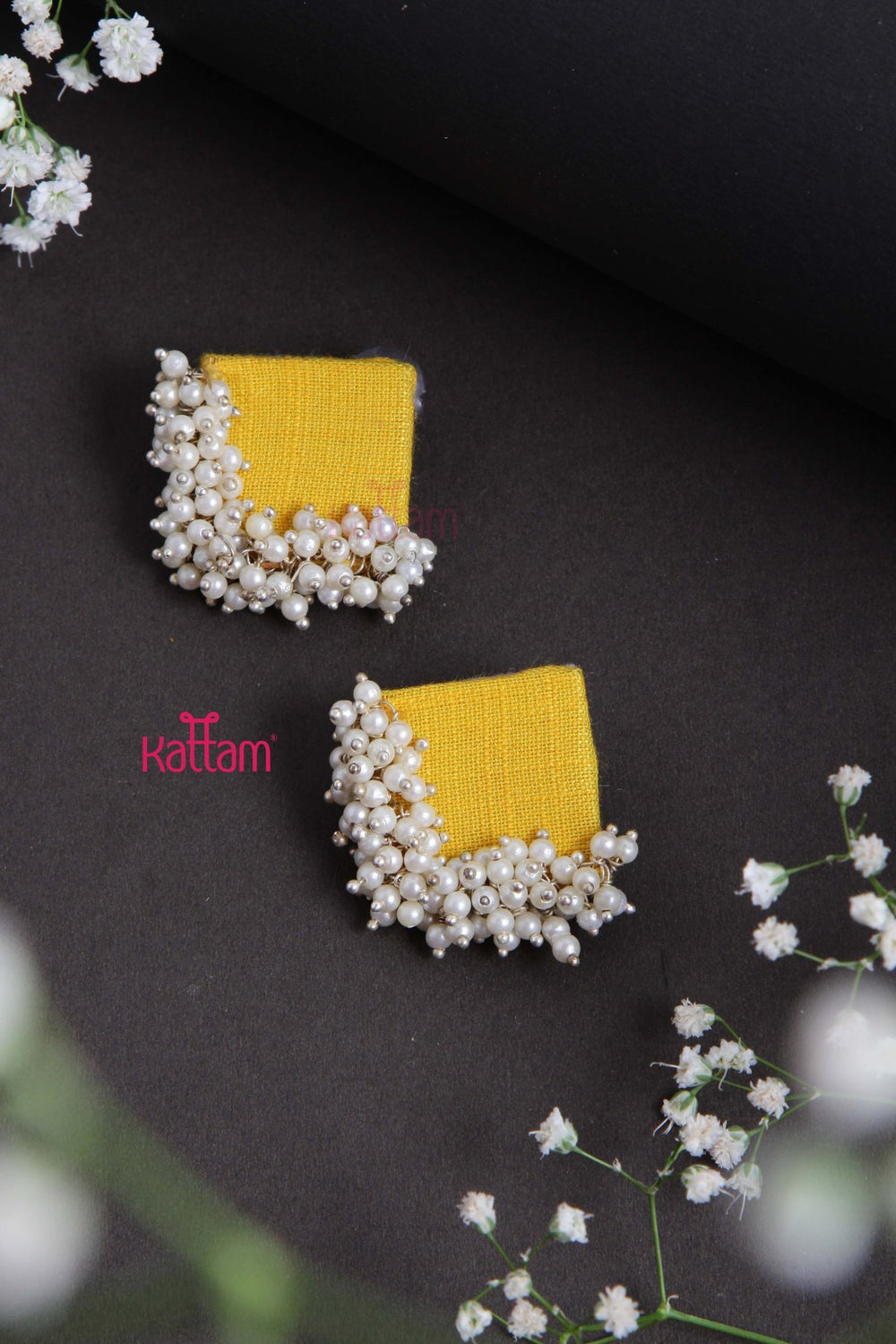 Handcrafted yellow Fabric Pearl Earring - E832