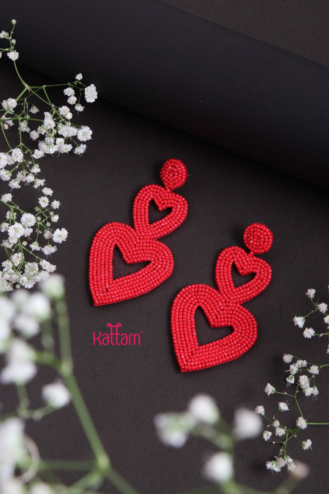 Handcrafts Embroidery Red Double Heart Earring - E843
