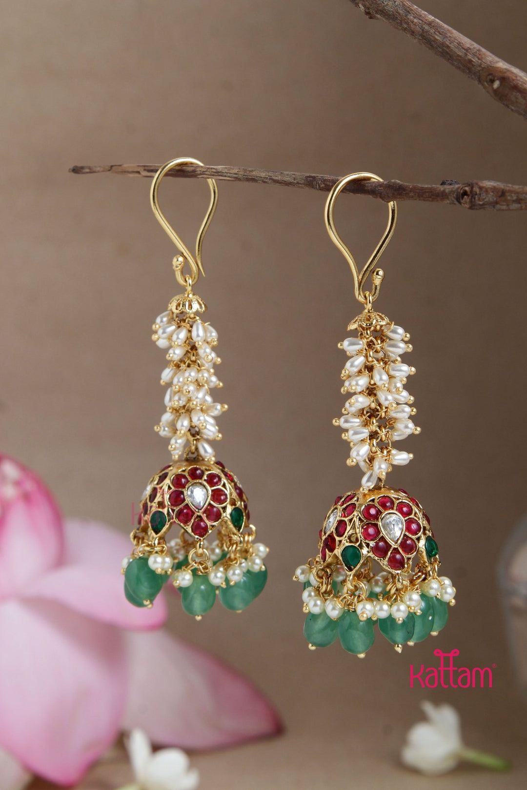 Handmade Kundan Pearl Hook Jhumka - E888