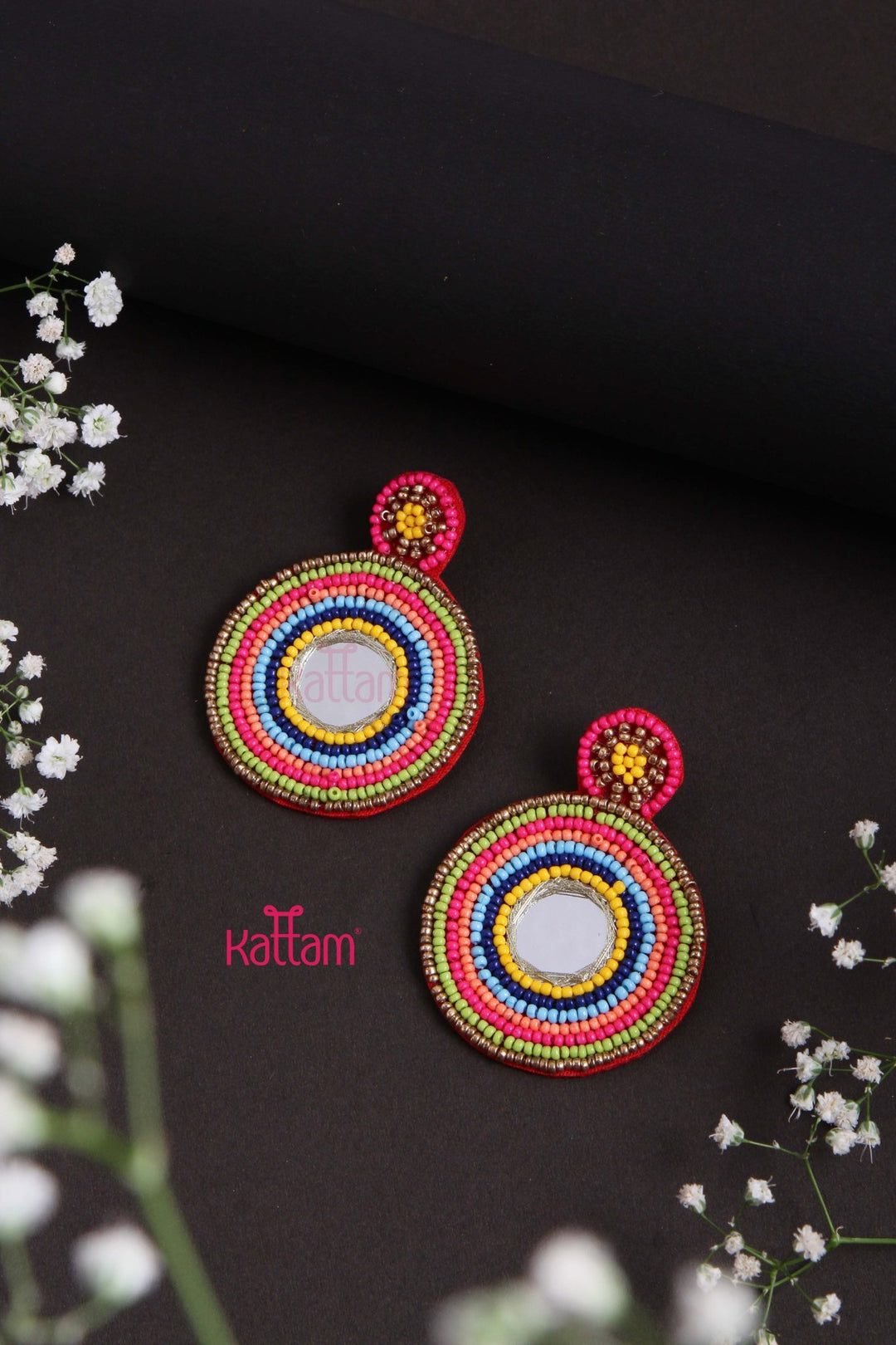 Handmade light weight Embroidery Round Mirror Earring - E844