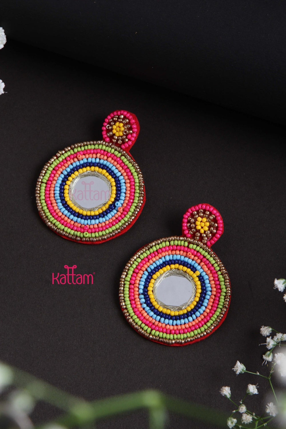 Handmade light weight Embroidery Round Mirror Earring - E844