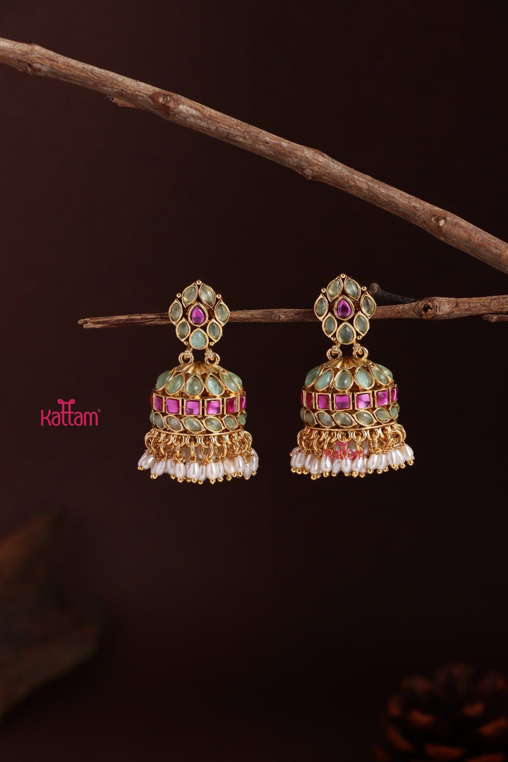 Indira - Pastelgreen & Pink Ricepearl Jhumka - E1220