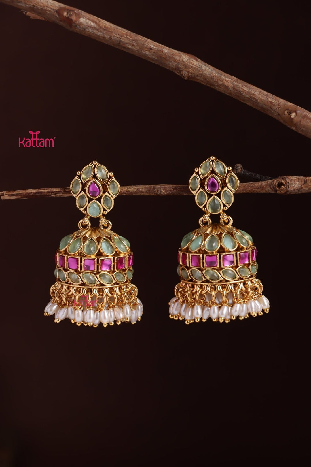 Indira - Pastelgreen & Pink Ricepearl Jhumka - E1220