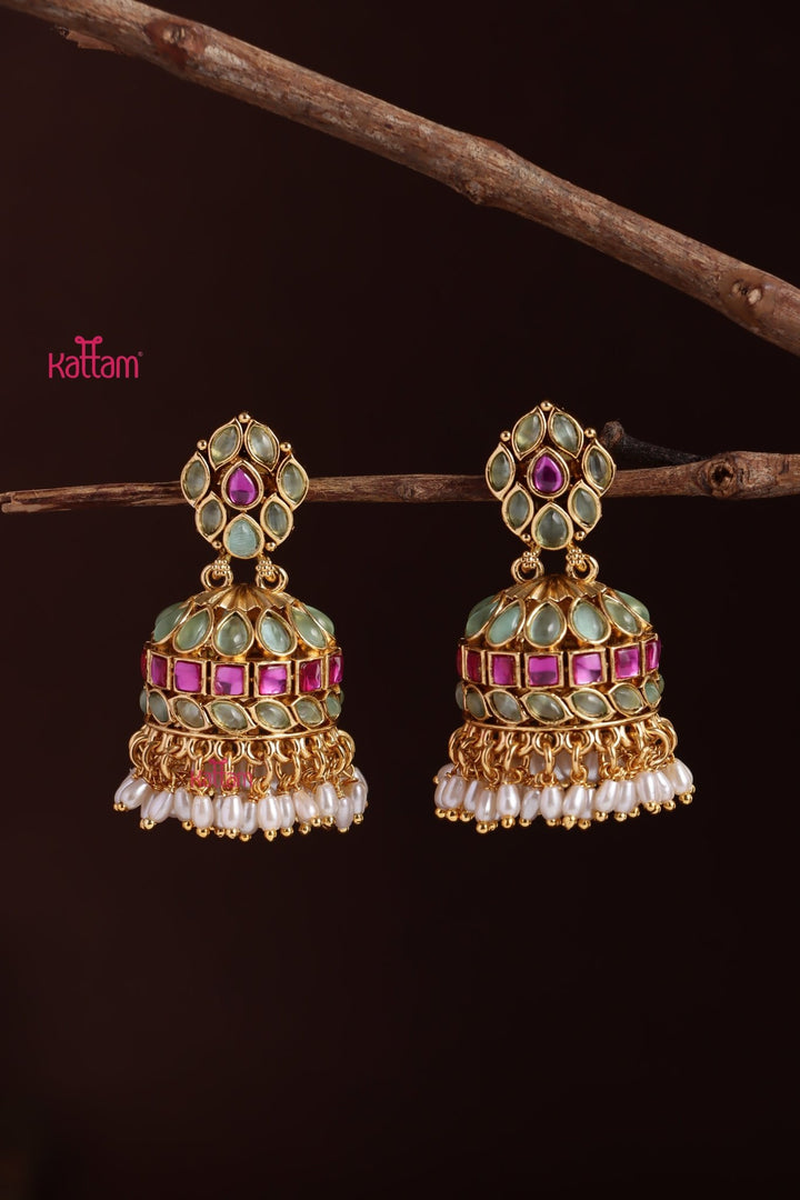 Indira - Pastelgreen & Pink Ricepearl Jhumka - E1220