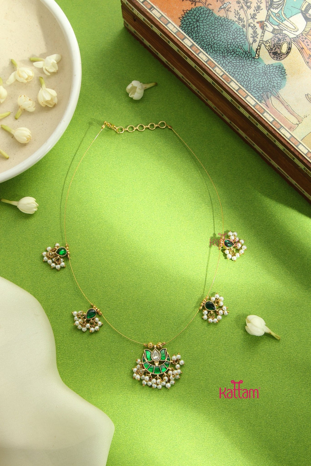 Invisible Kundan Lotus Necklace - Green - N3289