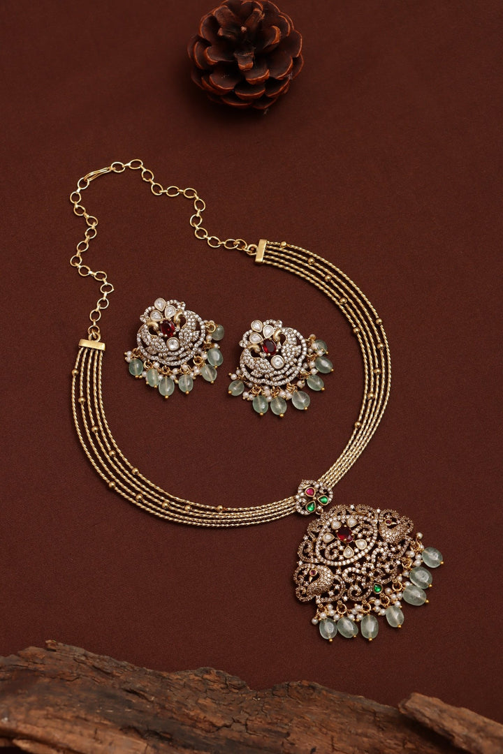 Ishra - Victorian Peacock Pendant Beaded Hasli Choker - N6162