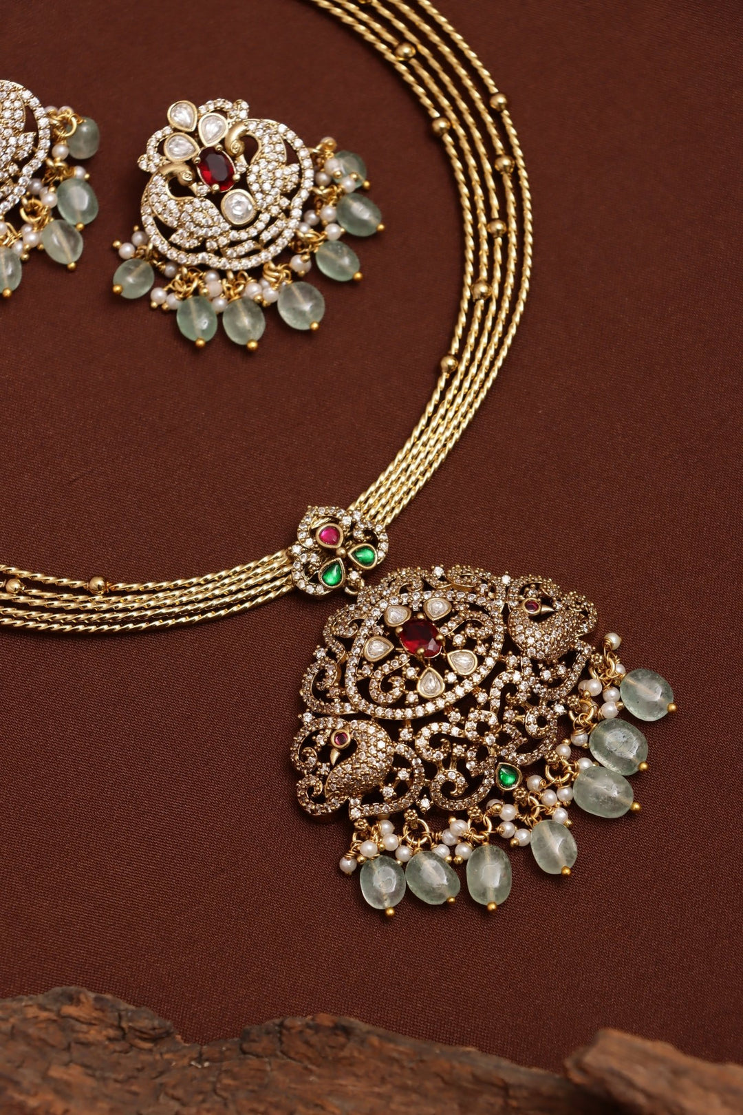 Ishra - Victorian Peacock Pendant Beaded Hasli Choker - N6162