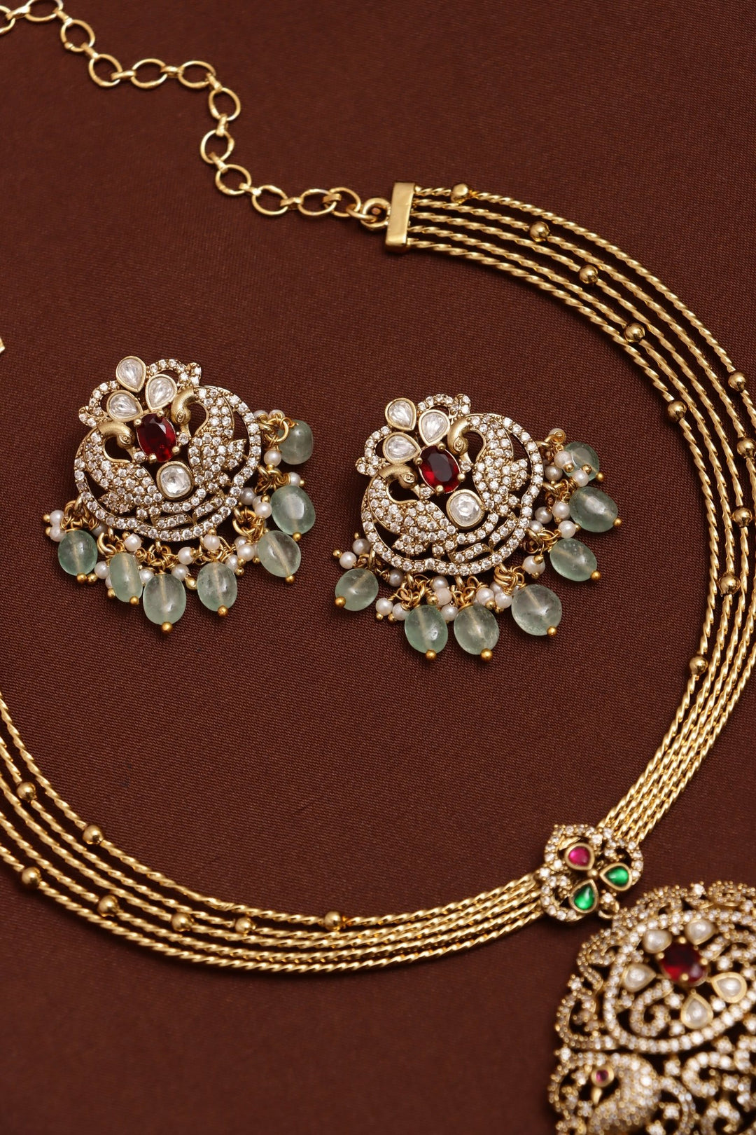 Ishra - Victorian Peacock Pendant Beaded Hasli Choker - N6162