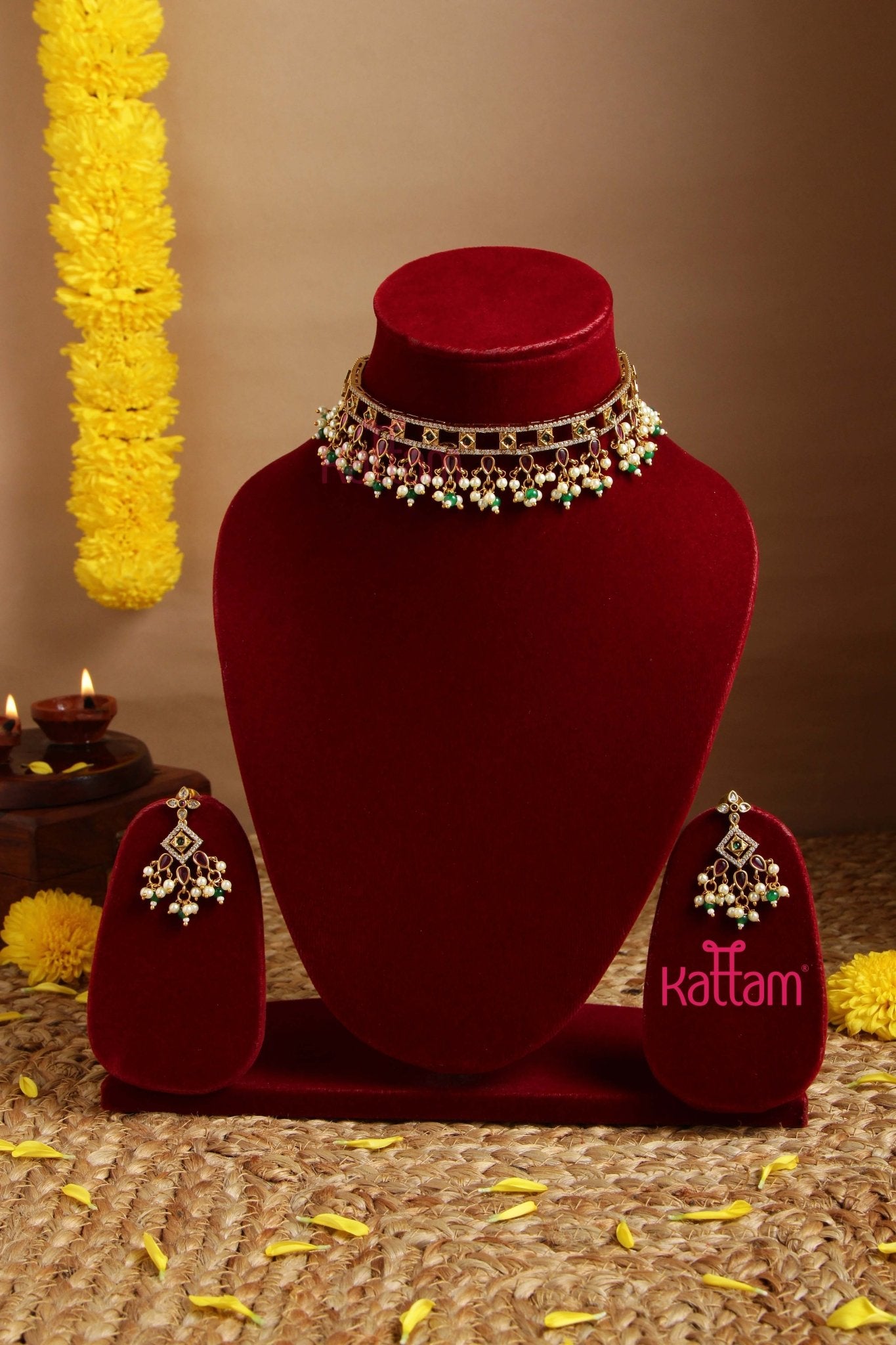 Multistone Pearl Drop Highneck Choker