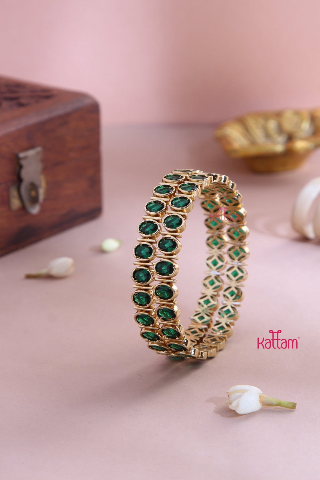 Oval Green Stone Block Bangle (Set of 2 ) - B557 - V4