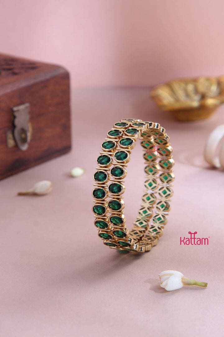 Oval Green Stone Block Bangle (Set of 2 ) - B557 - V4