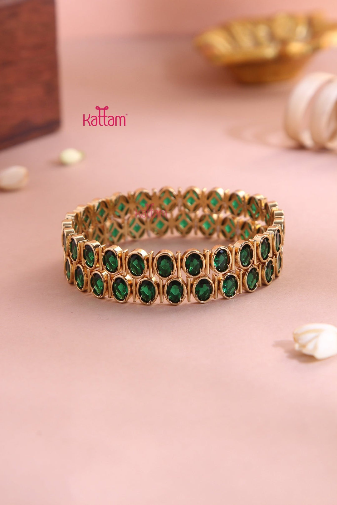 Oval Green Stone Block Bangle (Set of 2 ) - B557 - V4