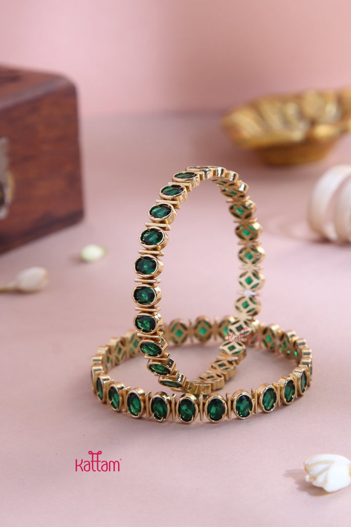 Oval Green Stone Block Bangle (Set of 2 ) - B557 - V4