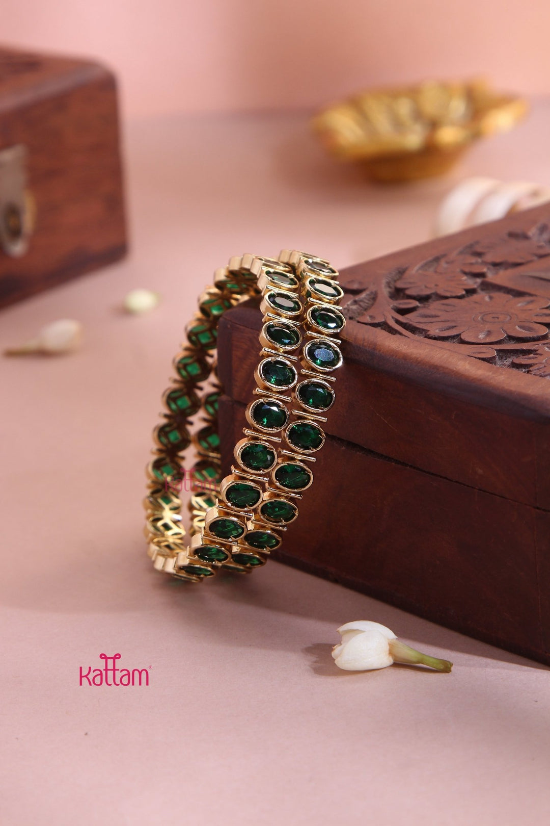 Oval Green Stone Block Bangle (Set of 2 ) - B557 - V4