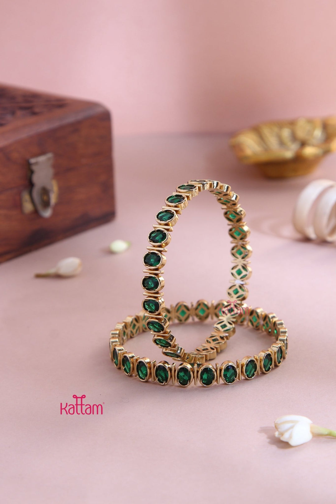 Oval Green Stone Block Bangle (Set of 2 ) - B557 - V4