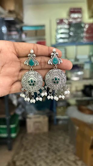 Oxidised Peacock Pearls Earring - E610B