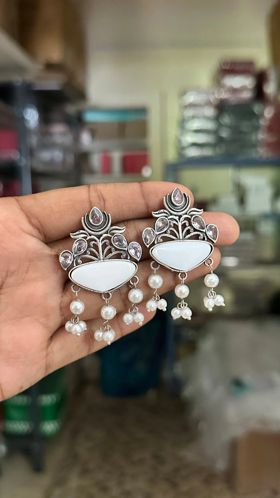 Oxidised pearls Drop Gemstone Earring (Colours Available) - E580