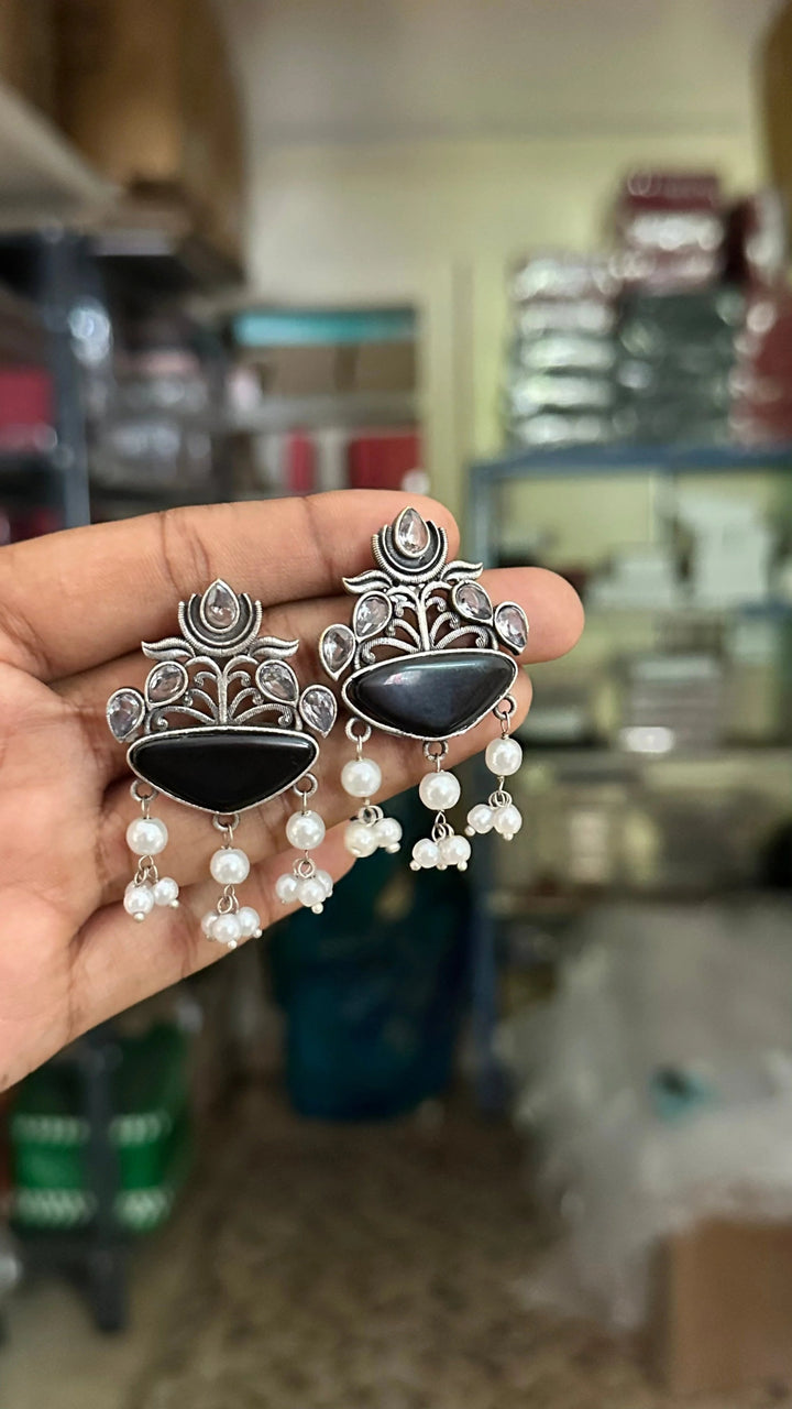 Oxidised pearls Drop Gemstone Earring (Colours Available) - E579