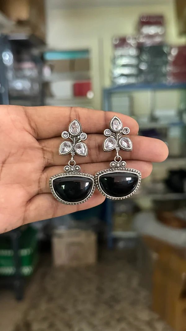 Oxidised pearls Drop Sia stone Earring (Colours Available) - E589