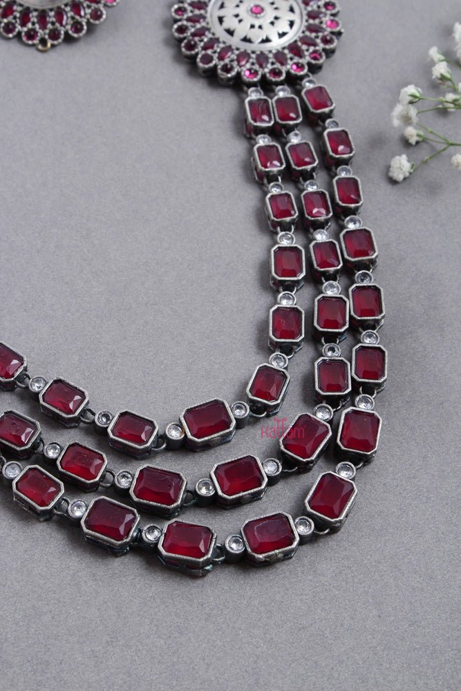 Oxidised Ruby Chakra FLoral Layered Necklace - N2524
